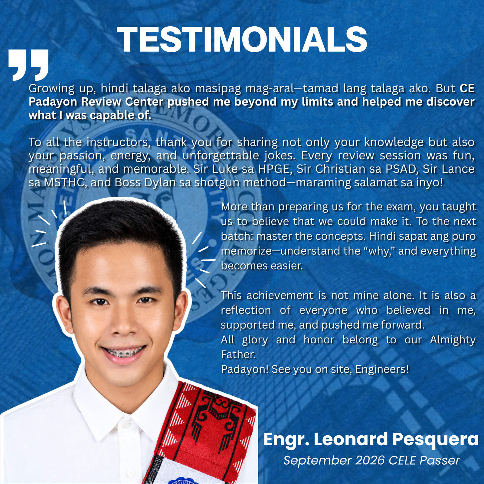 CELE board passer testimonial — Engr. Leonard Pesquera, Civil Engineering Licensure Exam passer
