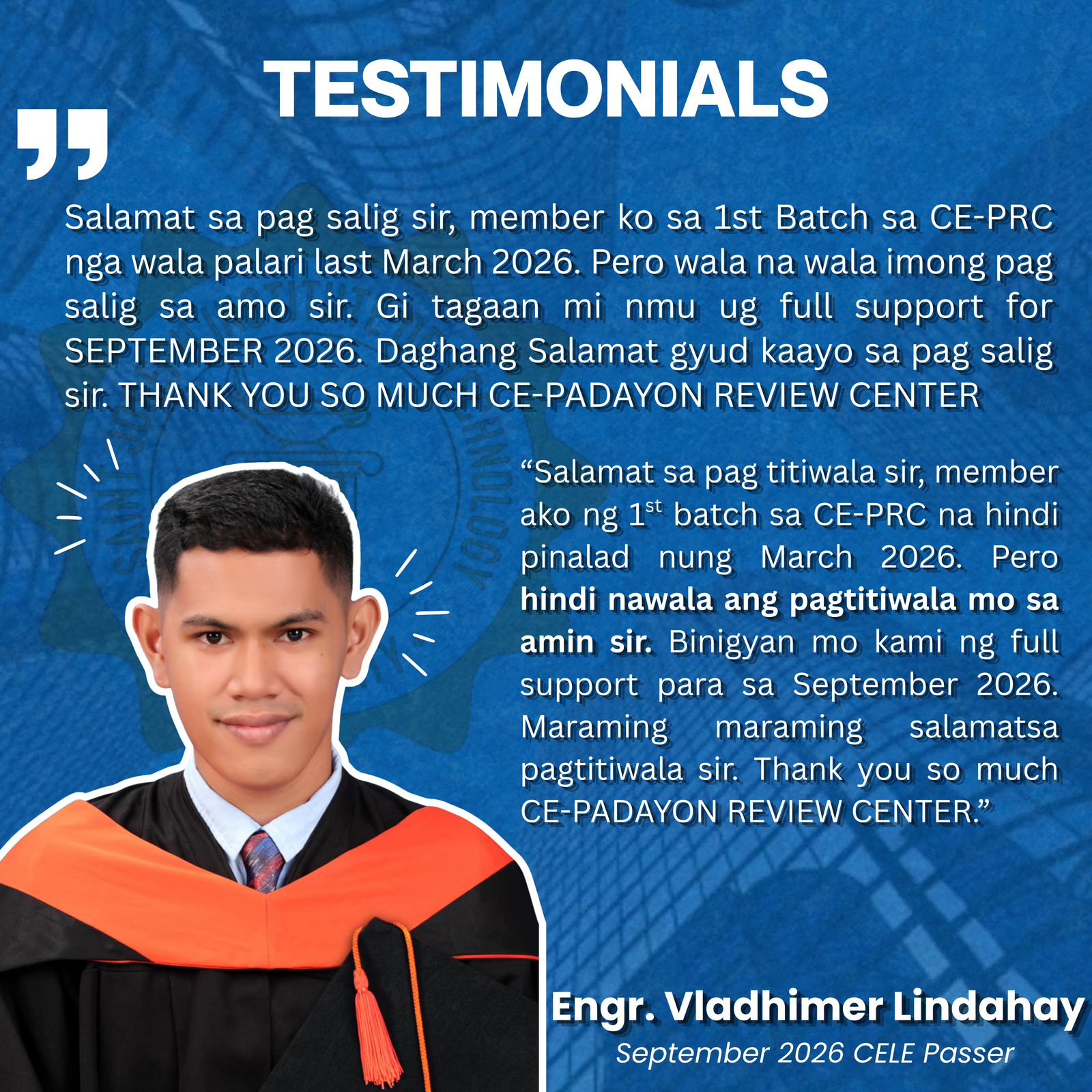 CELE board passer testimonial — successful Civil Engineering Licensure Exam passer