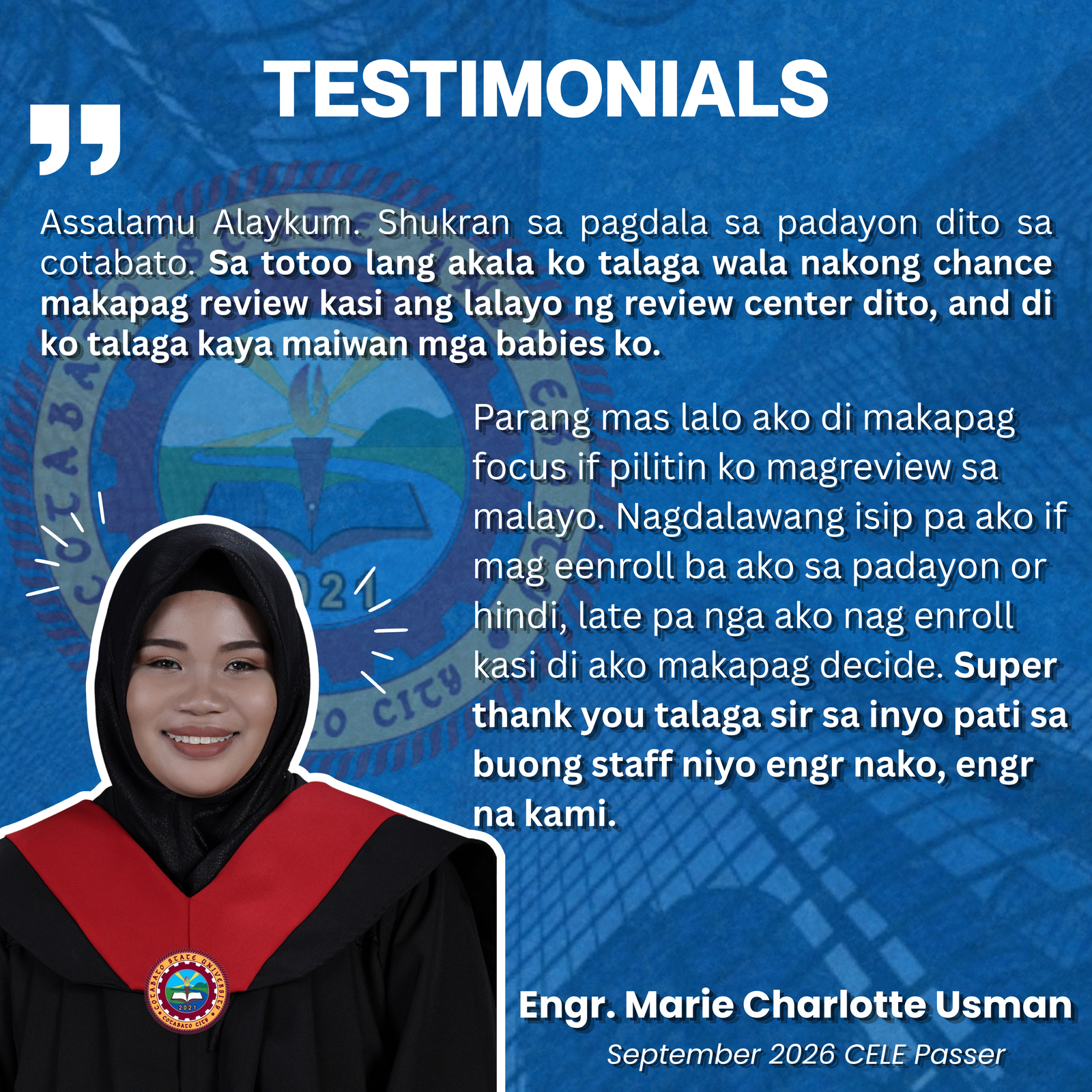 CELE board passer testimonial — successful Civil Engineering Licensure Exam passer