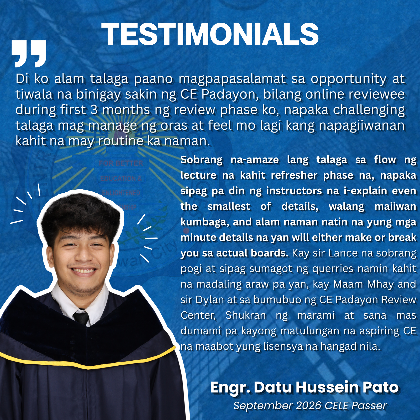 CELE board passer testimonial — successful Civil Engineering Licensure Exam passer