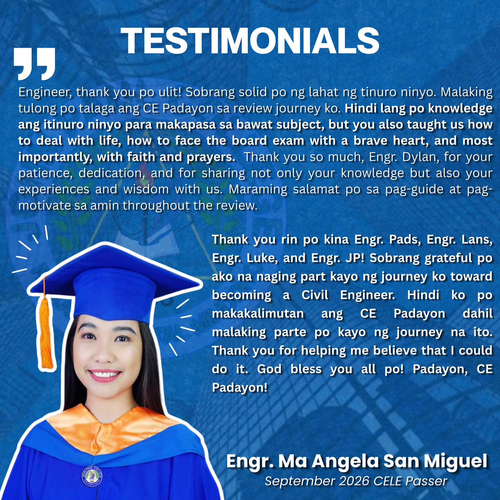 CELE board passer testimonial — successful Civil Engineering Licensure Exam passer