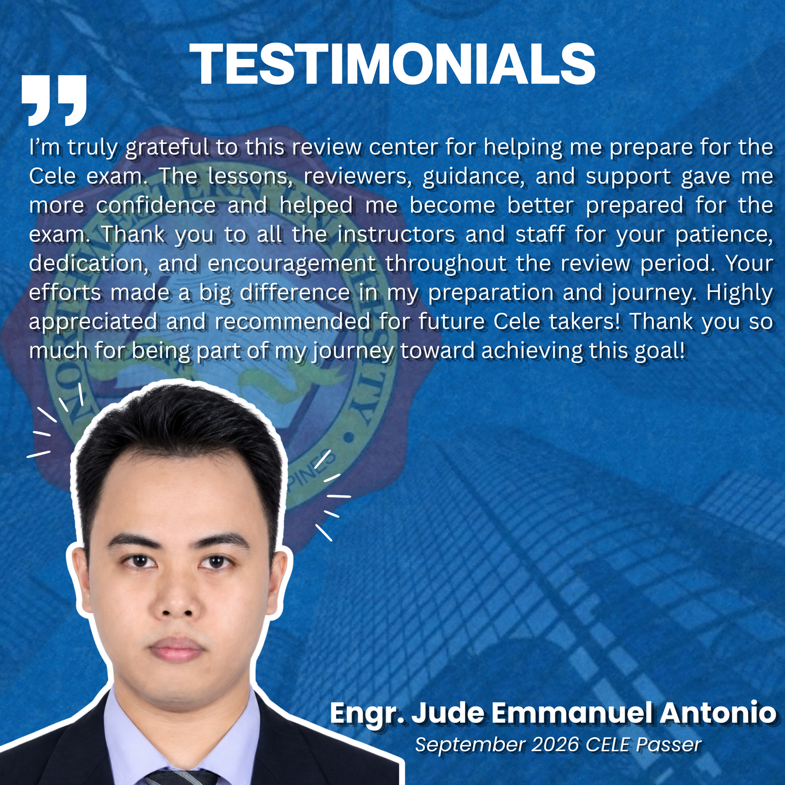 CELE board passer testimonial — successful Civil Engineering Licensure Exam passer